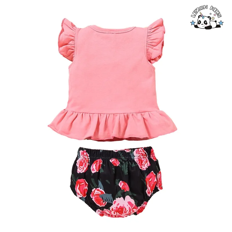 LEZONKIDS - Customizable Children's Wear Letter Printing Big Flower Fly Sleeve Two-piece Children's Wear